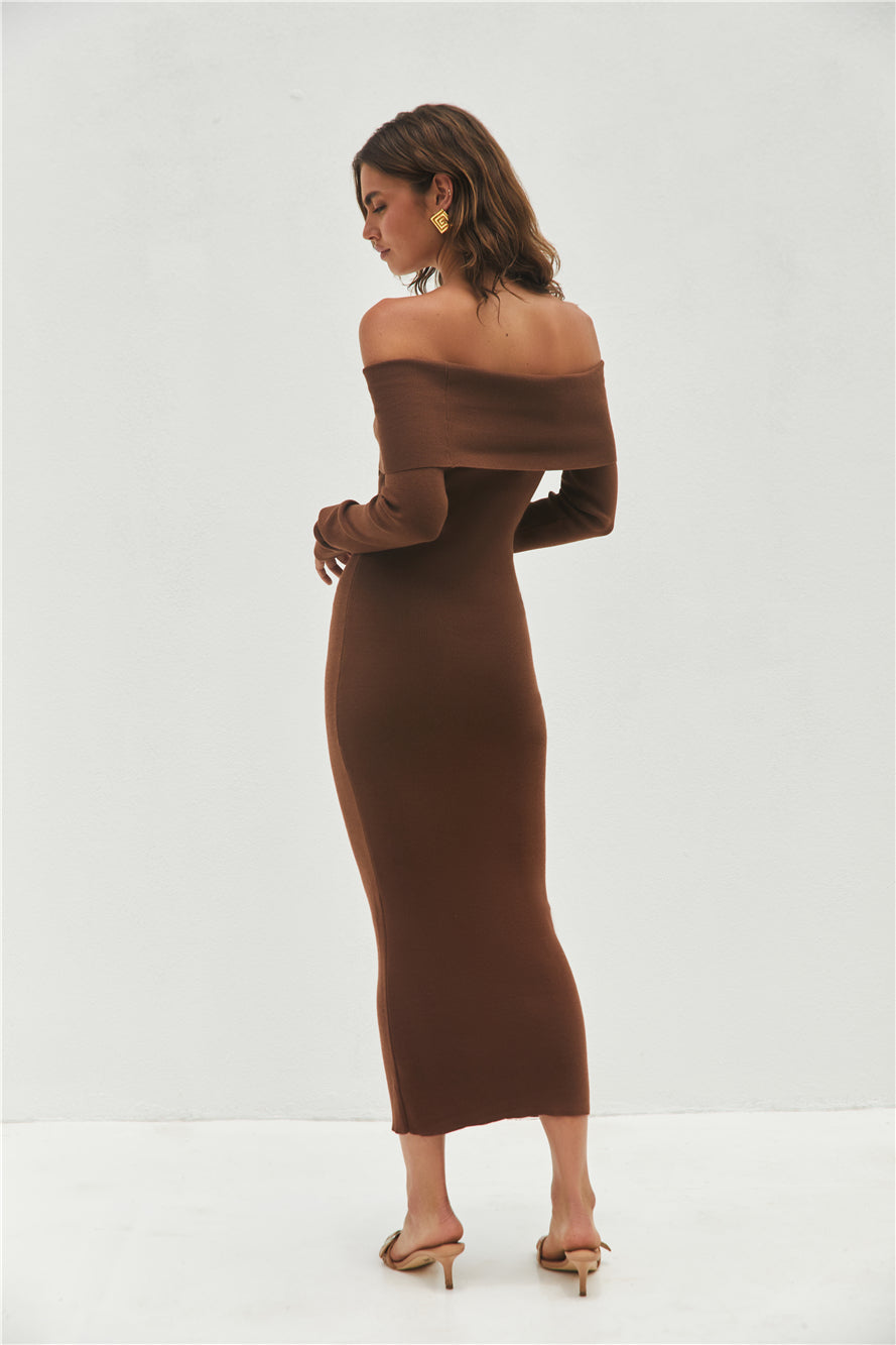 Angels Sing Off Shoulder Knit Maxi Dress Chocolate