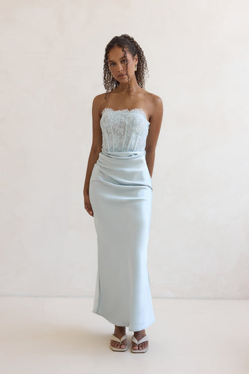 Away With You Satin Lace Strapless Maxi Dress Blue
