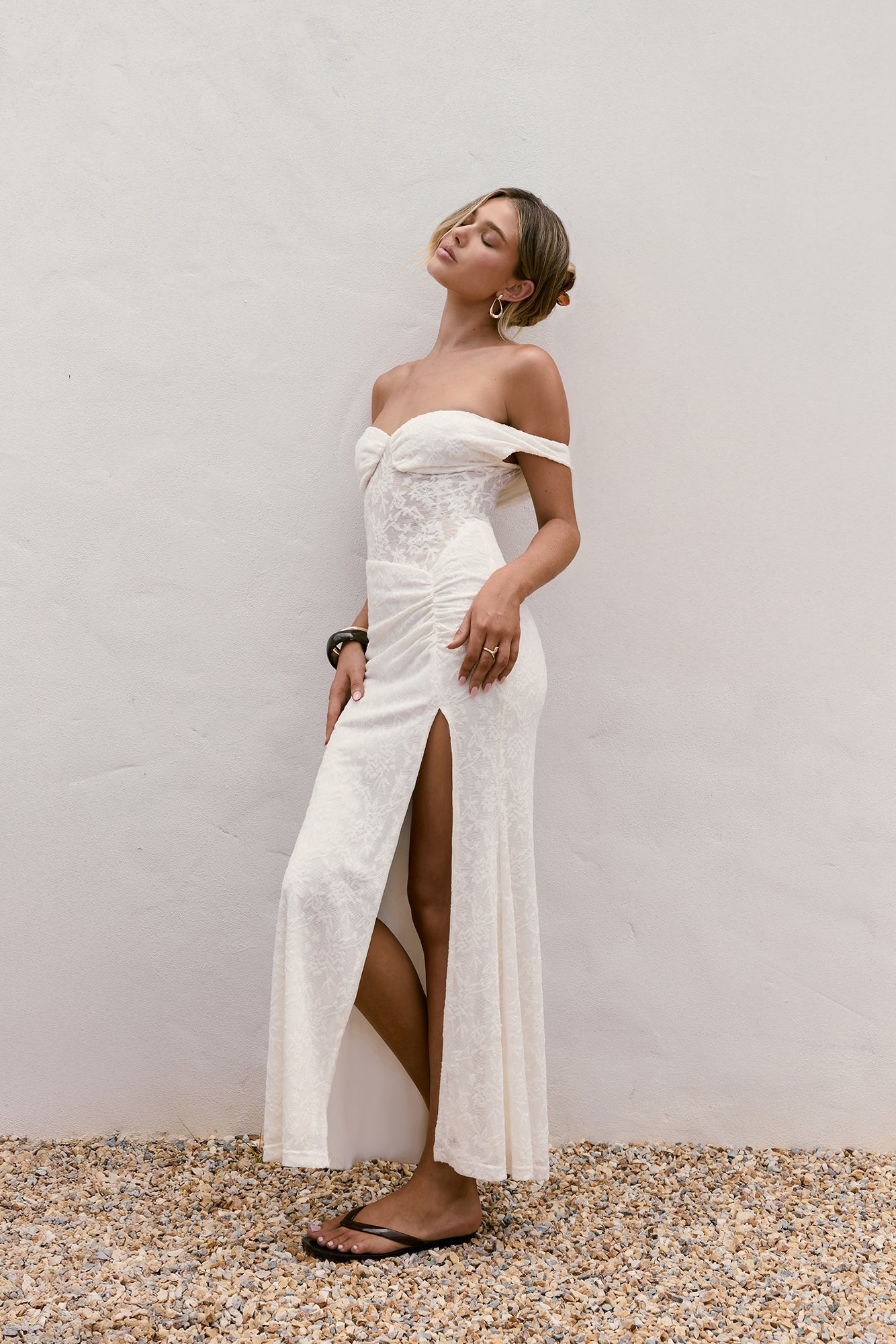Soft Smiles Off Shoulder Lace Maxi Dress White