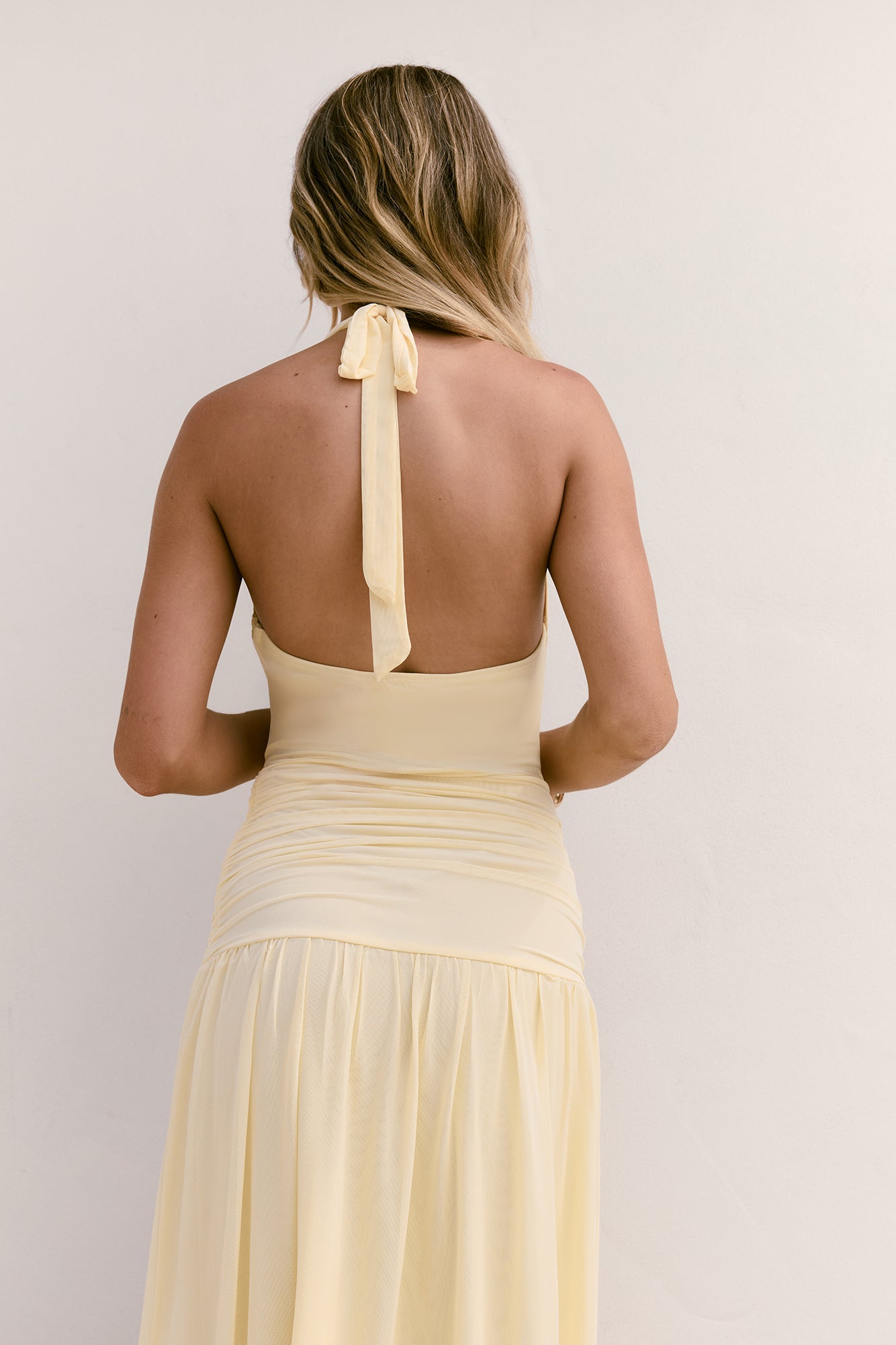 Dancing Skies Mesh Halter Maxi Dress Yellow