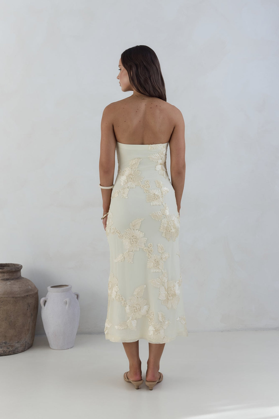 Golden Voyage Strapless Midi Dress Yellow