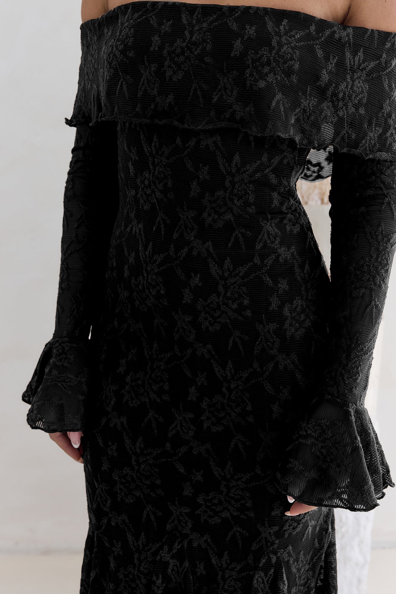 Here For Love Off Shoulder Mesh Maxi Dress Black
