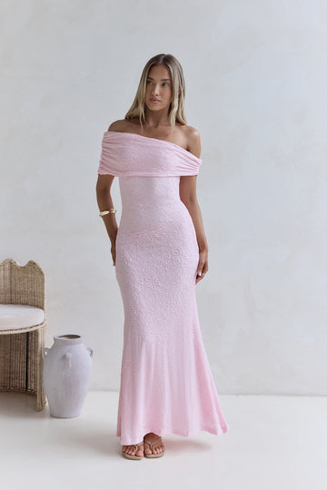 Sea And Selfies Off Shoulder Maxi Dress Pink