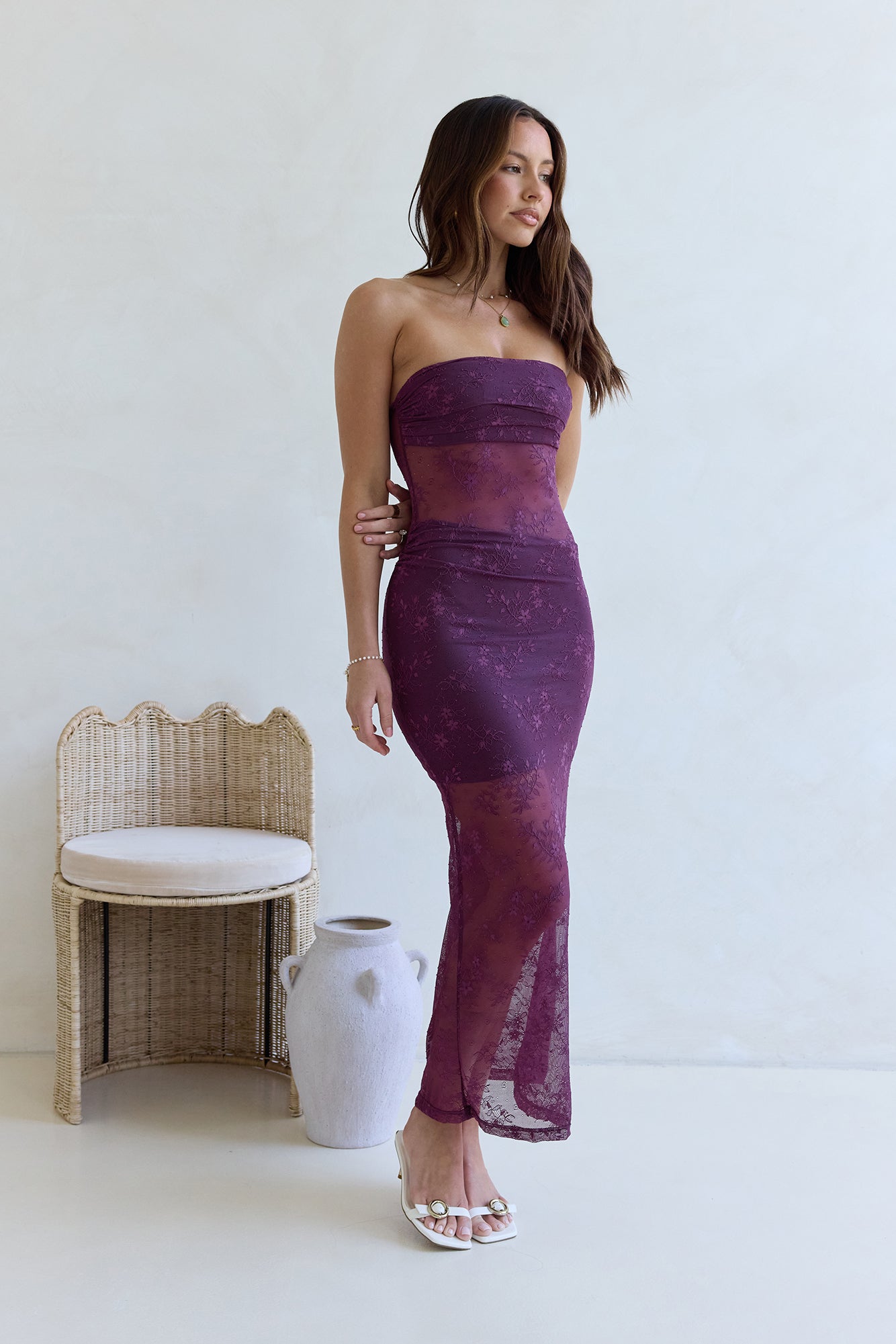 For The Lovers Lace Strapless Maxi Dress Plum