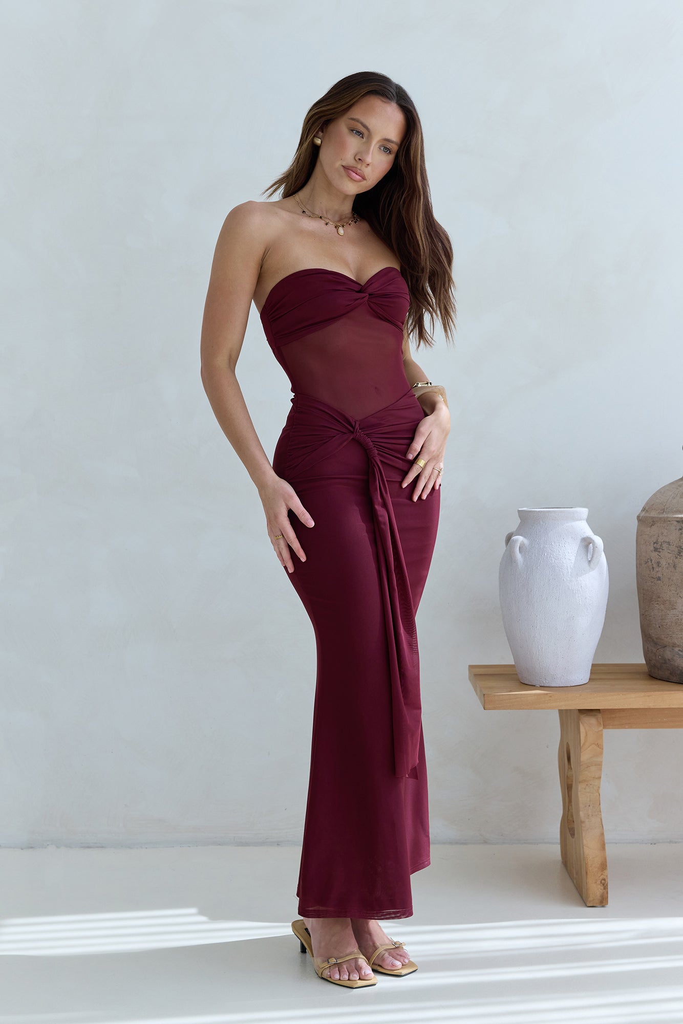 Caught Your Eye Mesh Strapless Maxi Dress Burgundy