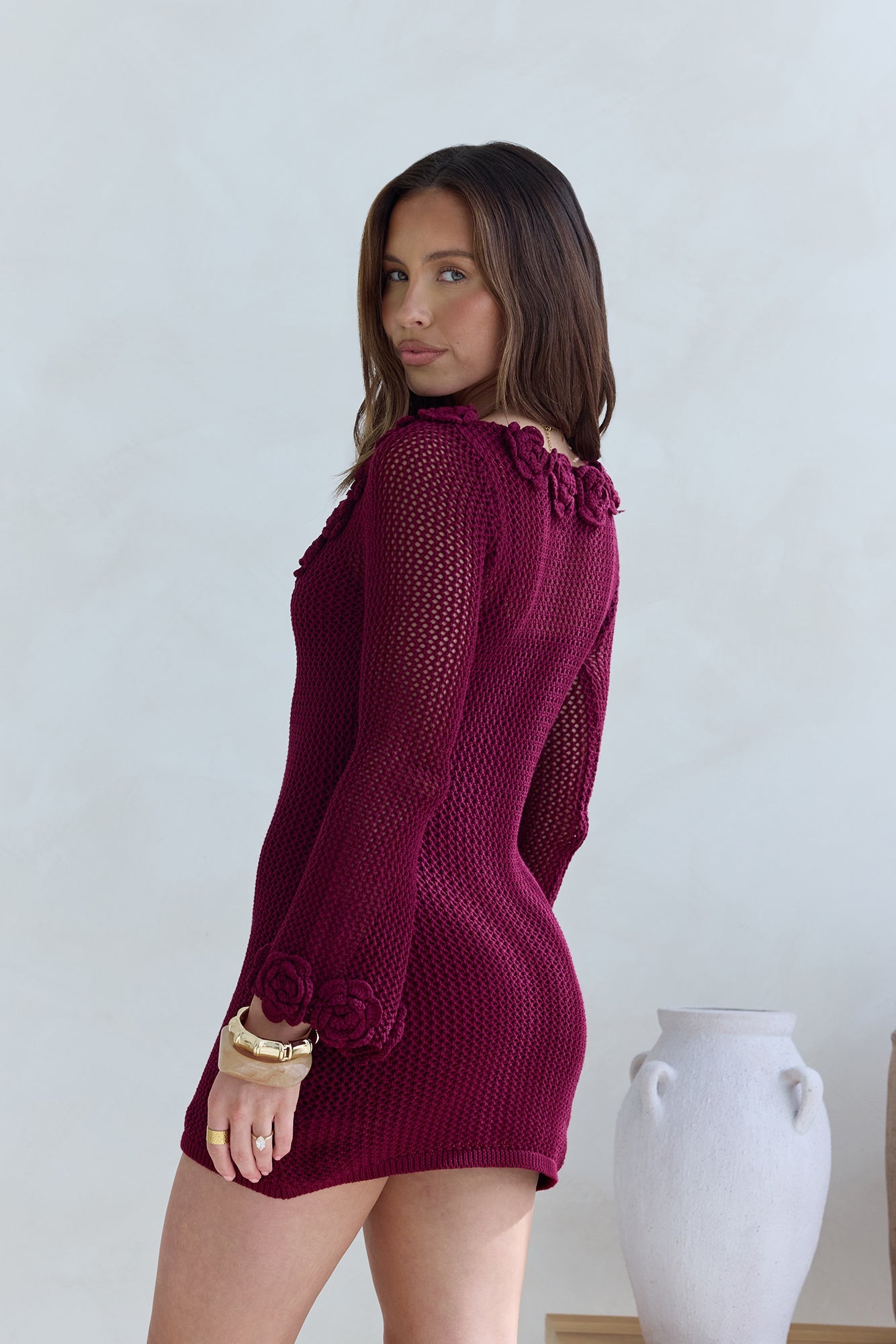Rosy World Long Sleeve Knit Mini Dress Wine