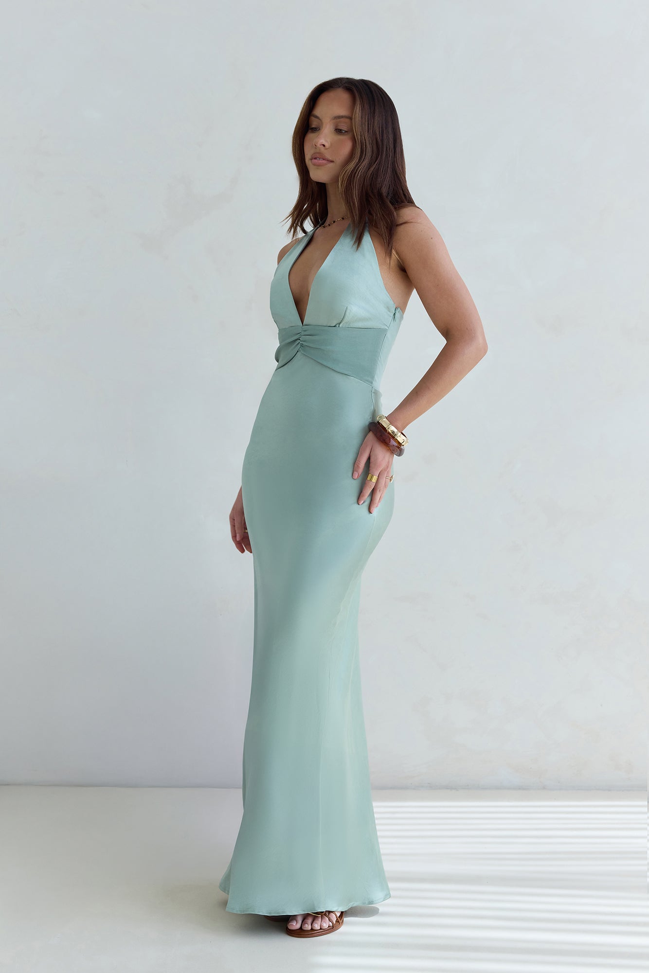 Destinations Halter Satin Maxi Dress Sage