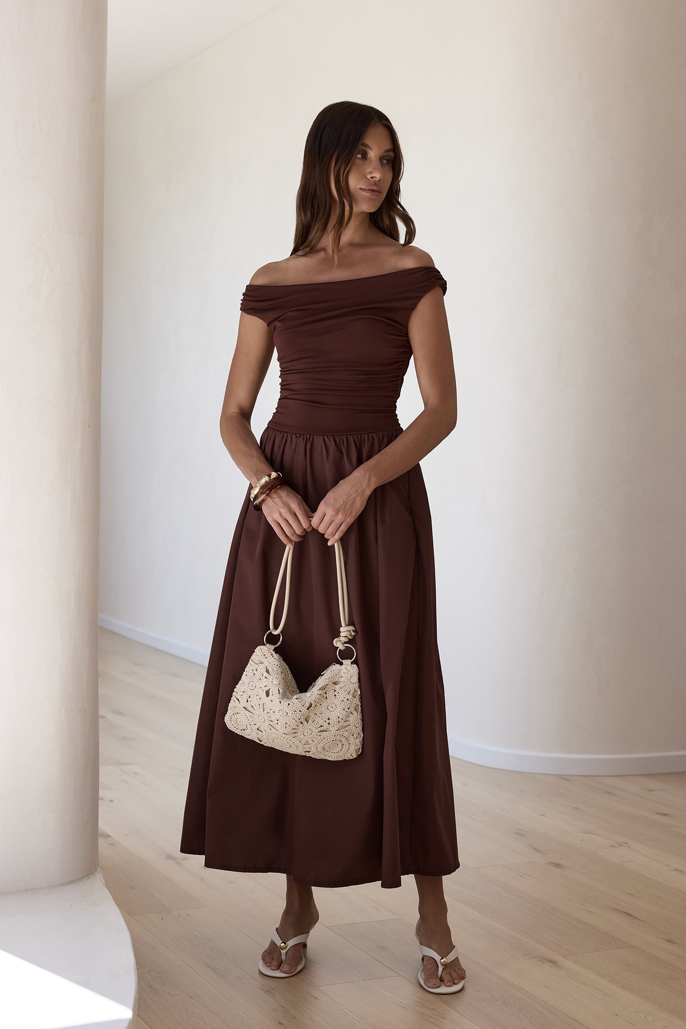 Days Of The Sun Off Shoulder Maxi Dress Chocolate