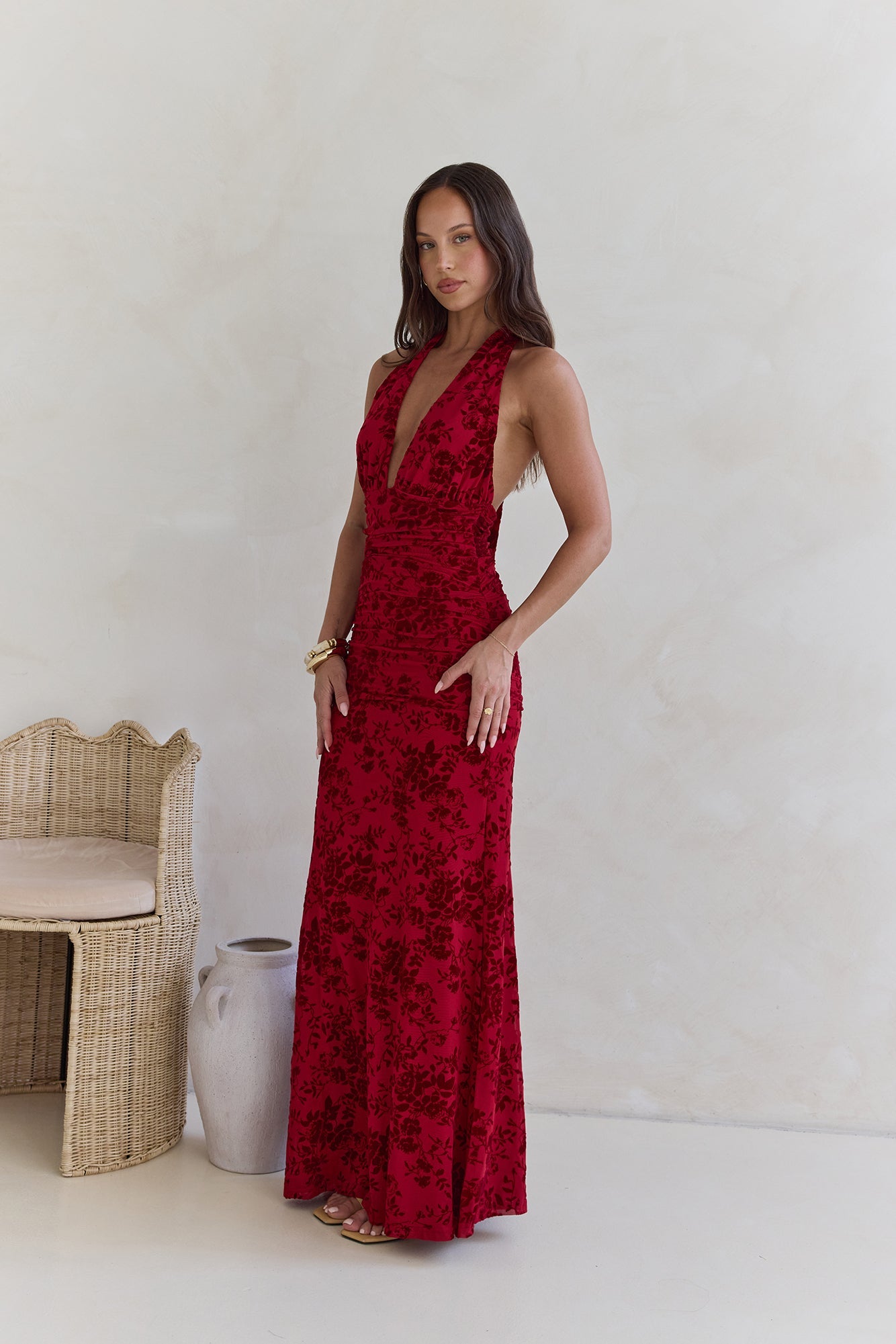 Dewy Whisper Halter Maxi Dress Wine