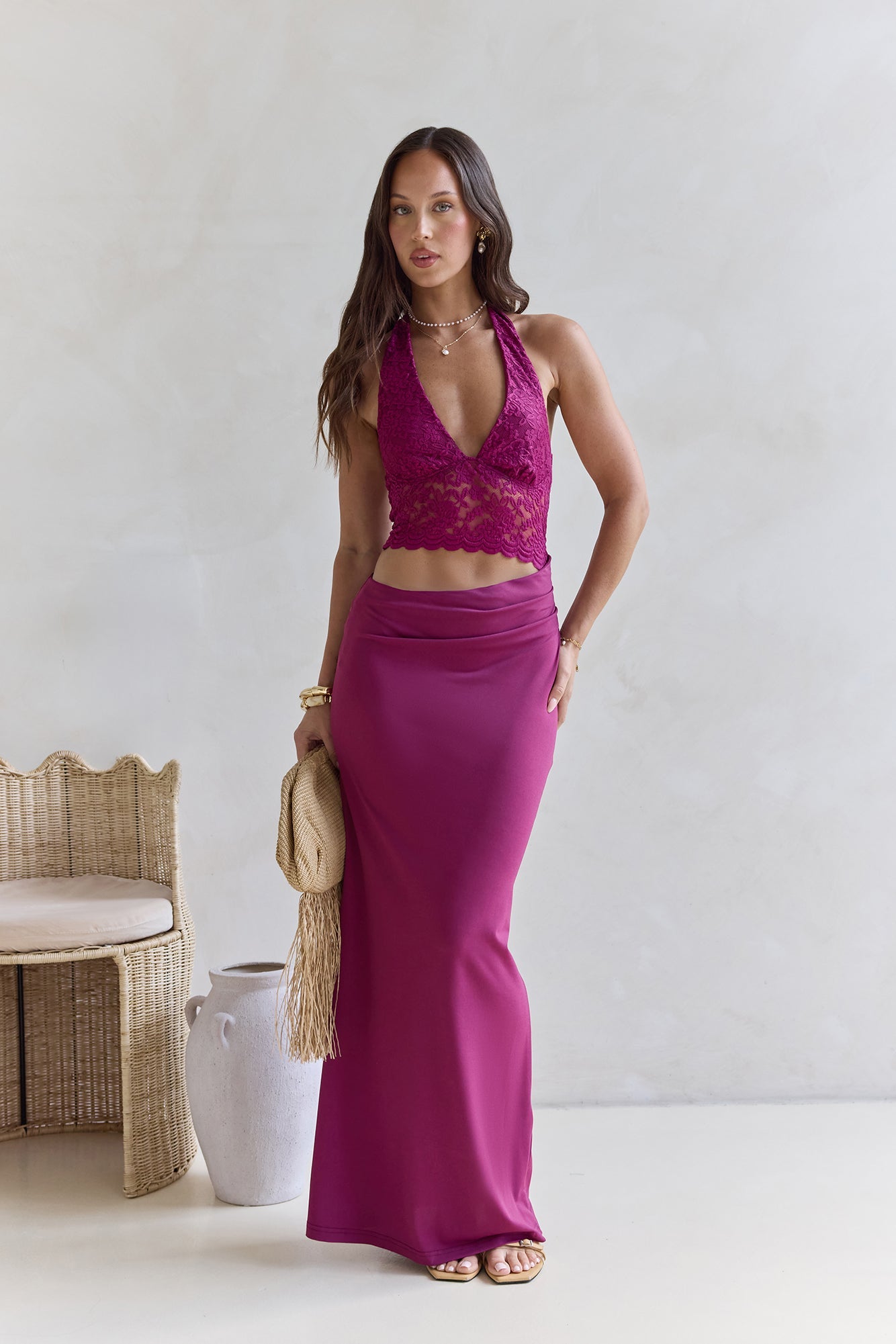 Best Believe Lace Halter Maxi Dress Plum