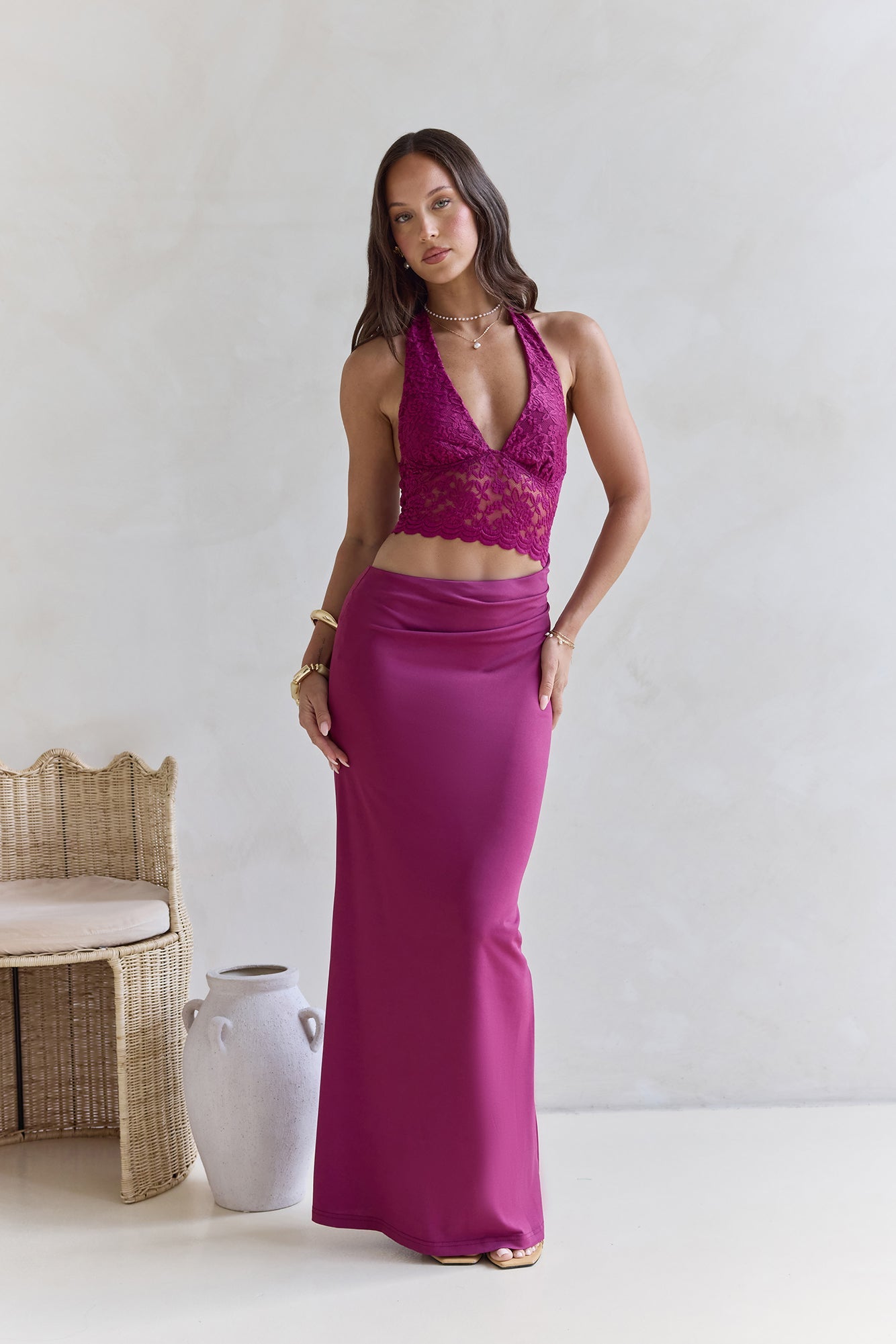 Best Believe Lace Halter Maxi Dress Plum