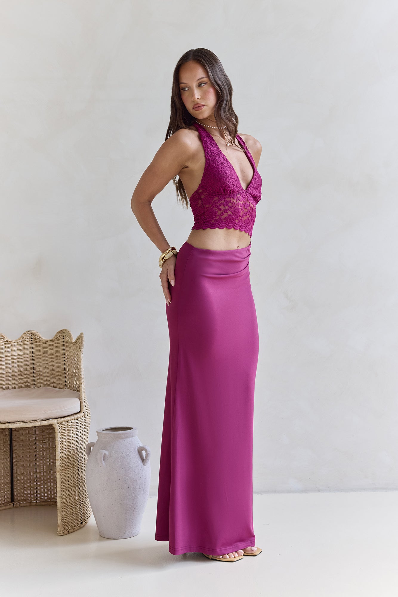 Best Believe Lace Halter Maxi Dress Plum