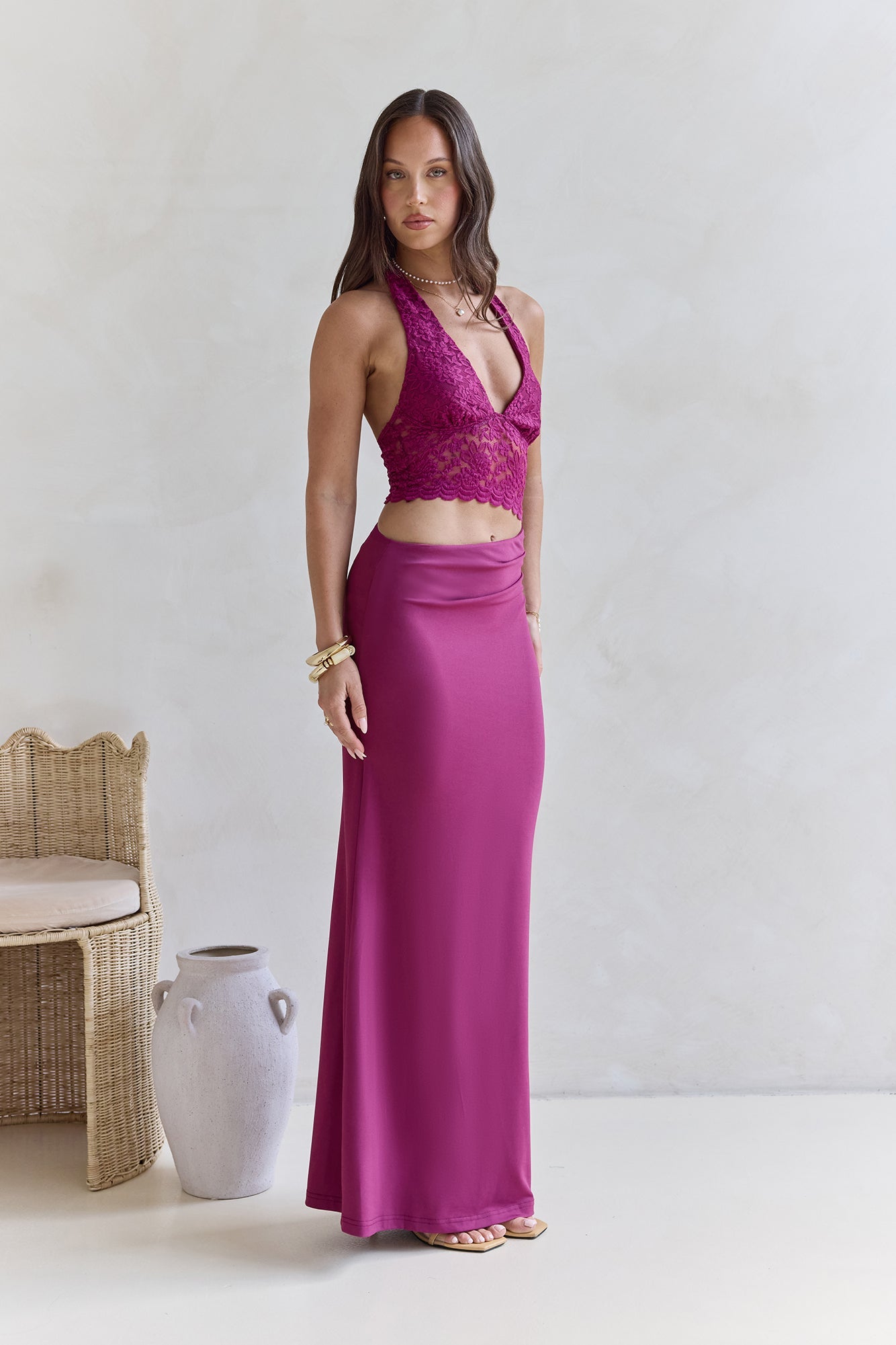 Best Believe Lace Halter Maxi Dress Plum