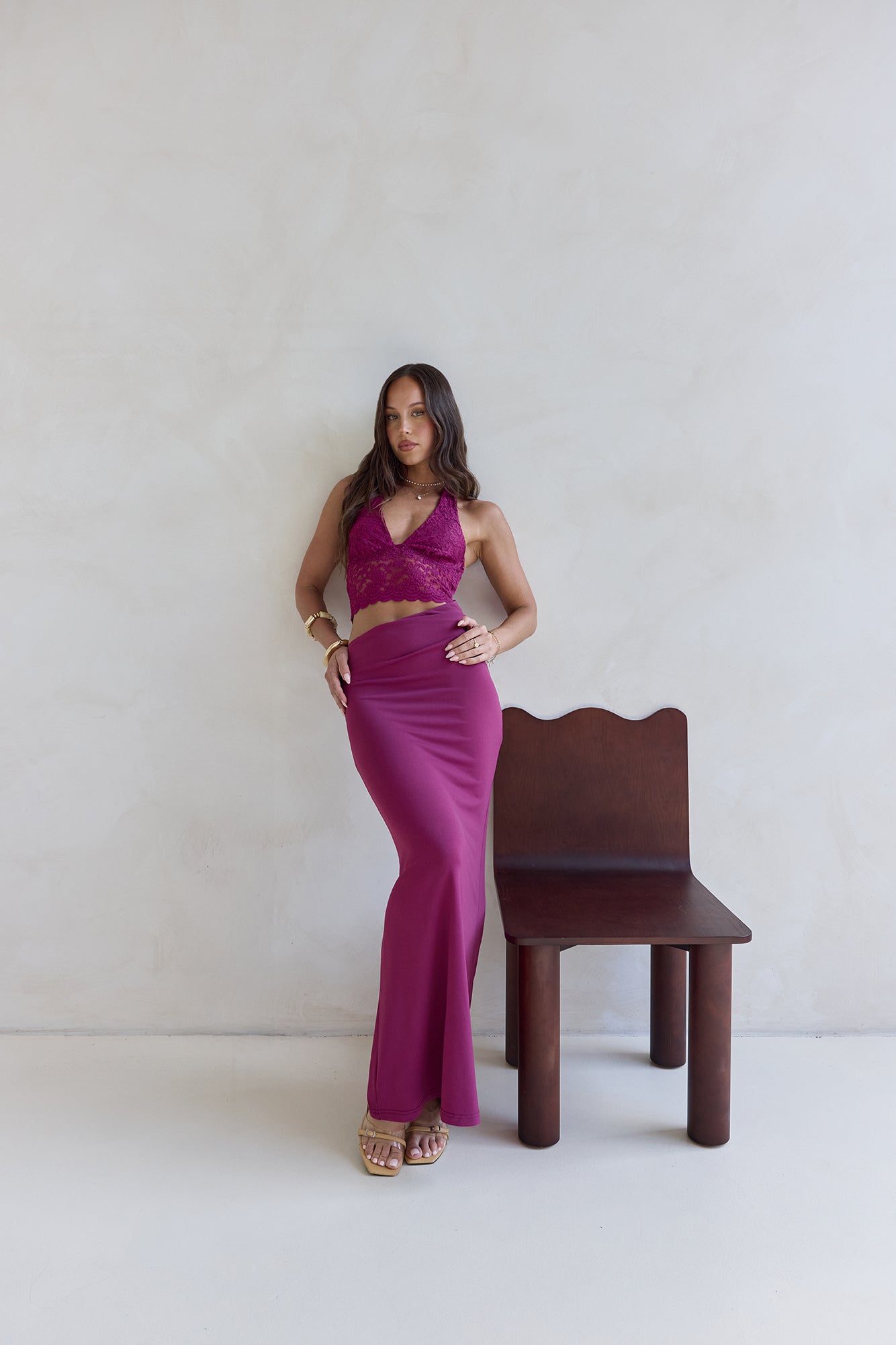 Best Believe Lace Halter Maxi Dress Plum