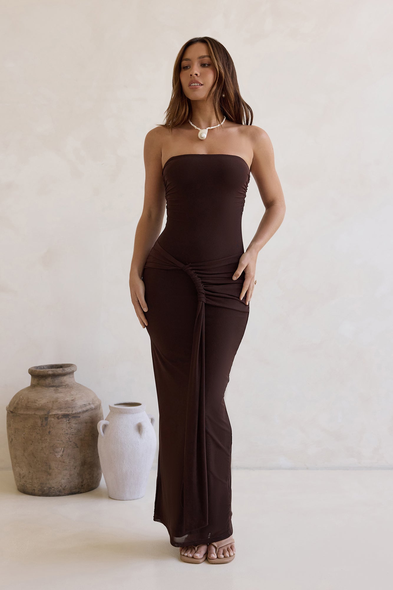 Wish For You Mesh Strapless Maxi Dress Brown