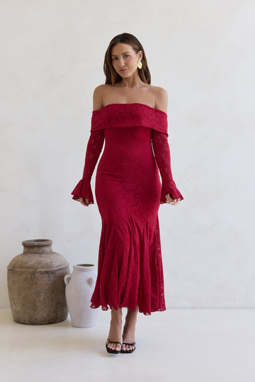 Here For Love Off Shoulder Mesh Maxi Dress Red