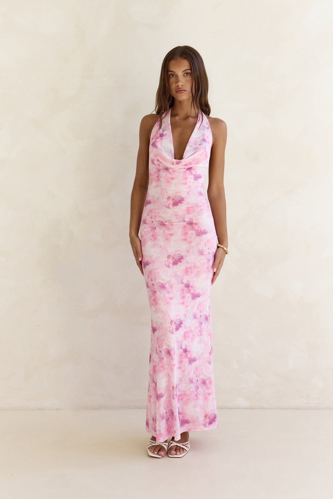 Blooming Loves Mesh Halter Maxi Dress Pink