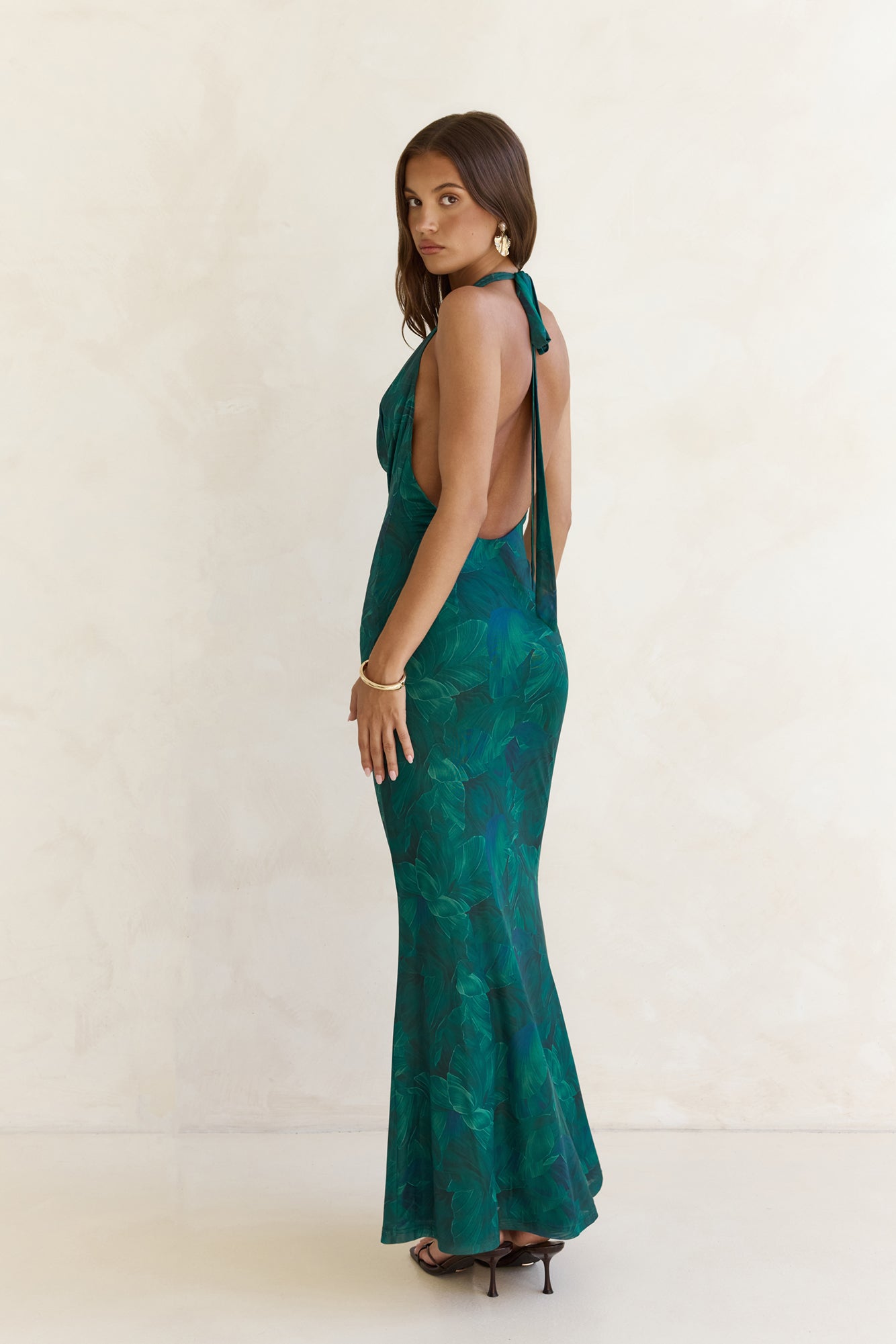 Tangled Vines Mesh Halter Maxi Dress Green
