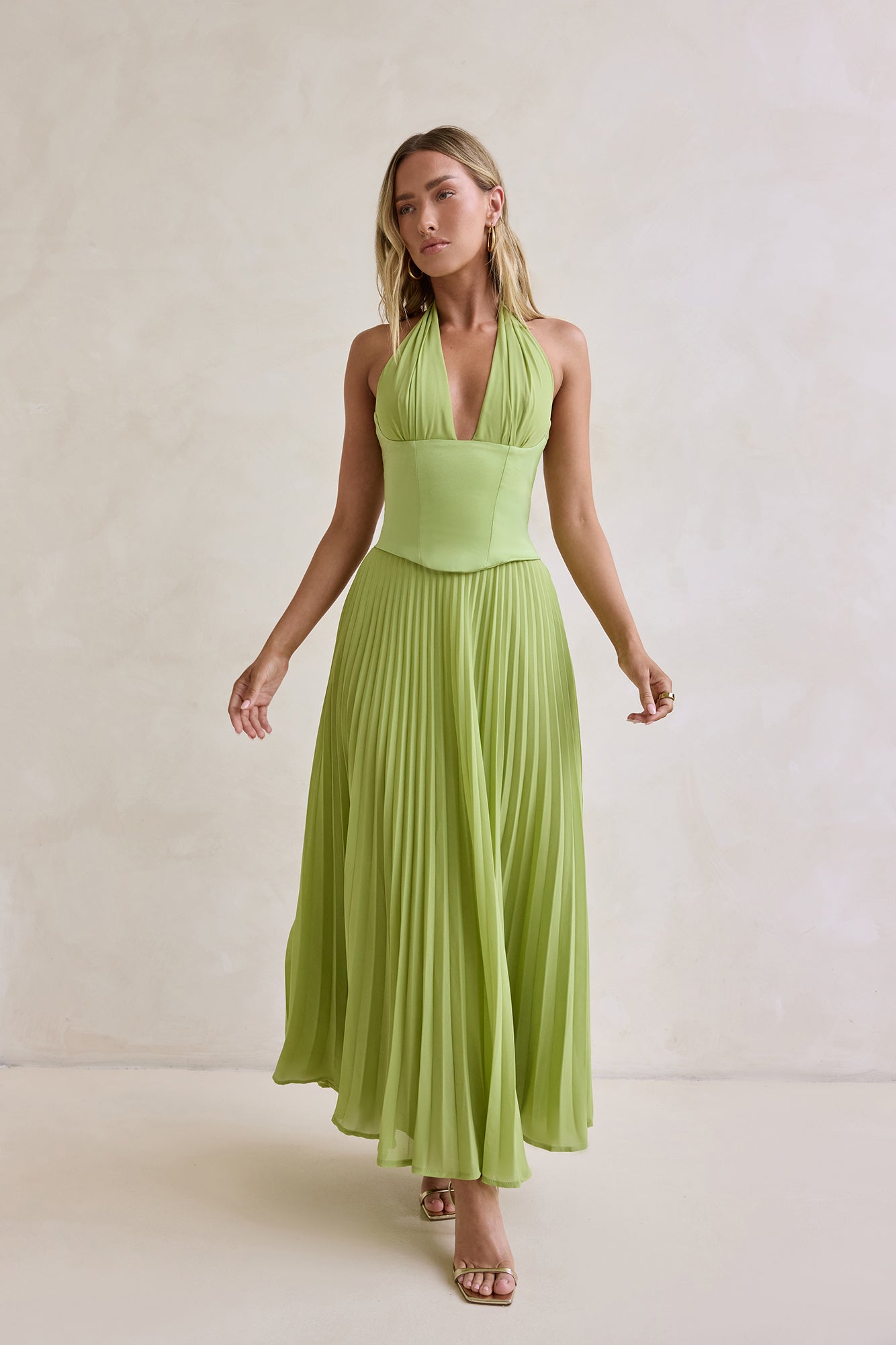 Paradise Falls Plisse Halter Maxi Dress Lime Green