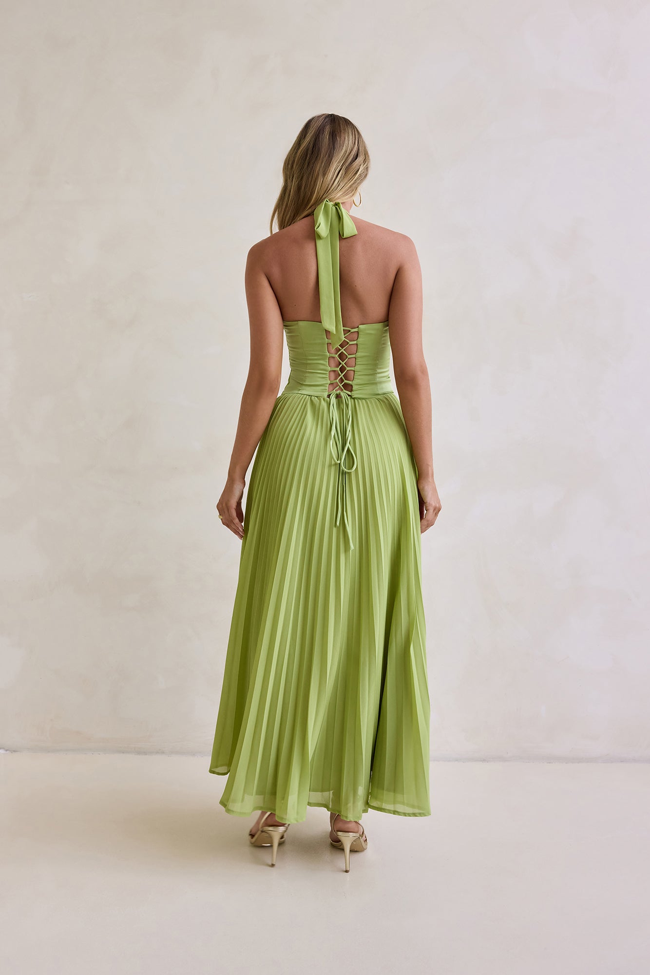 Paradise Falls Plisse Halter Maxi Dress Lime Green
