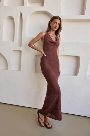 Flamingo Nights Halter Knit Maxi Dress Chocolate