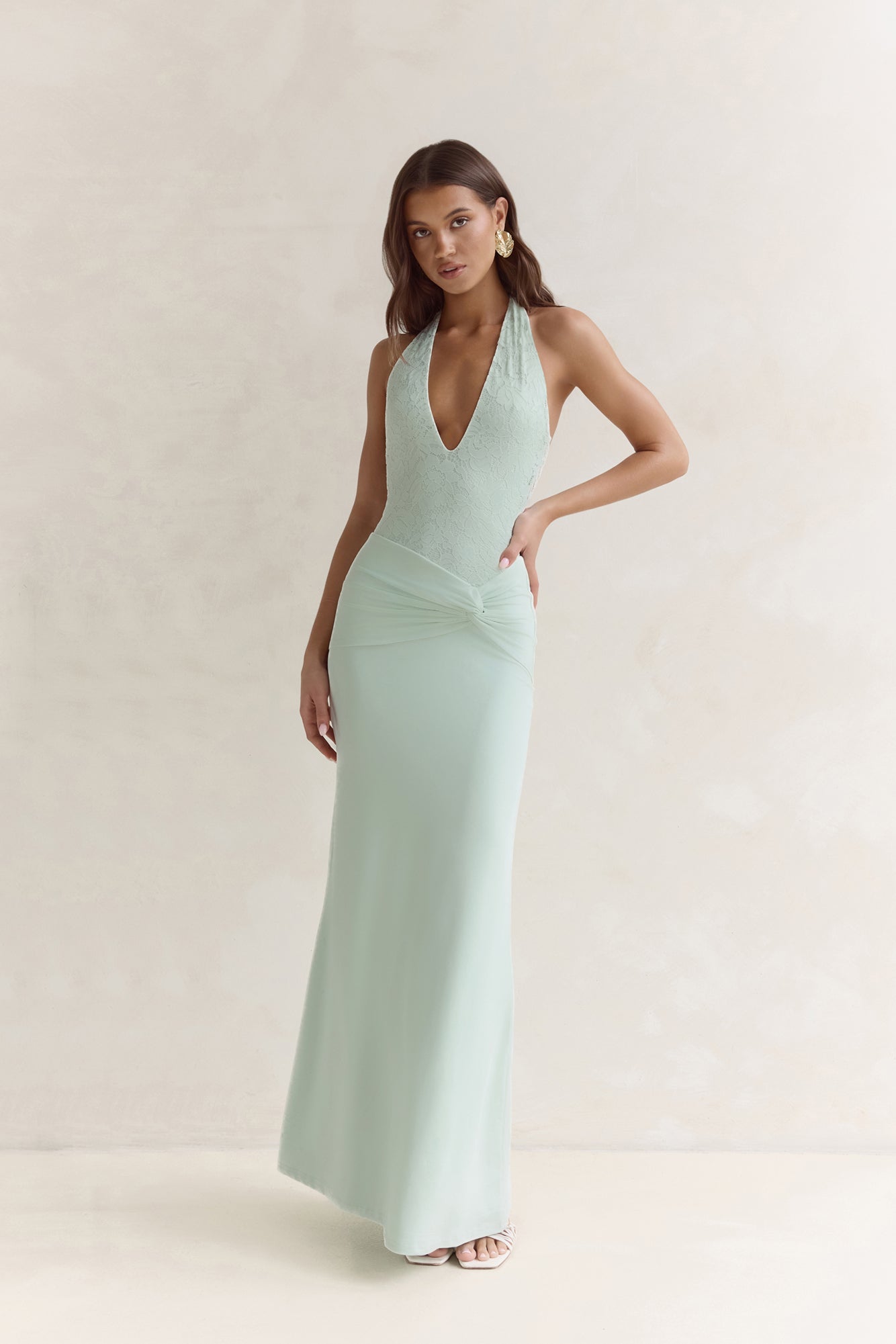 Seaside Glow Halter Maxi Dress Sage