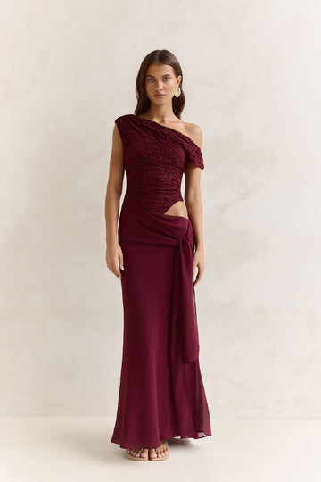 Modernity Mesh Off Shoulder Maxi Dress Burgundy