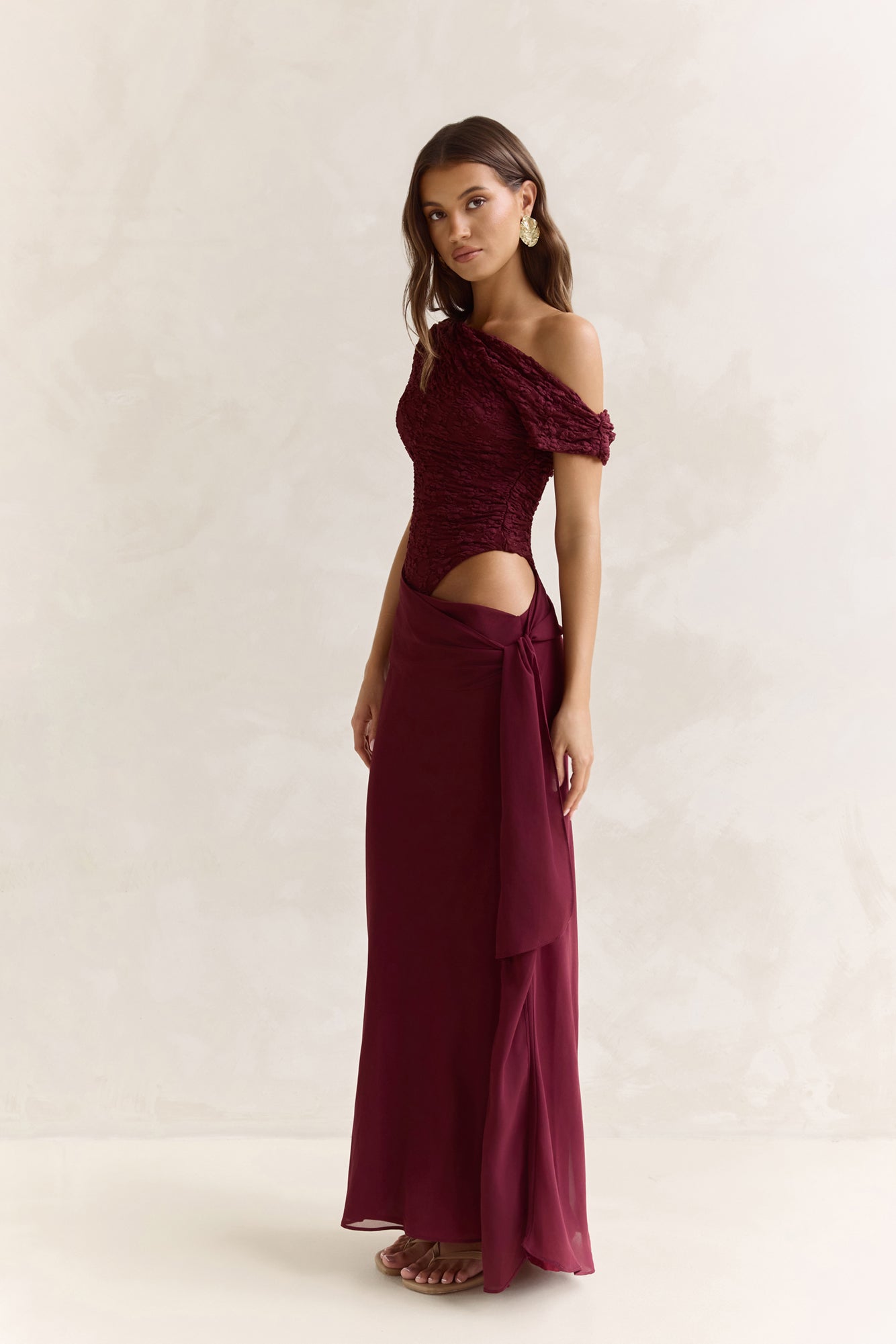 Modernity Mesh Off Shoulder Maxi Dress Burgundy