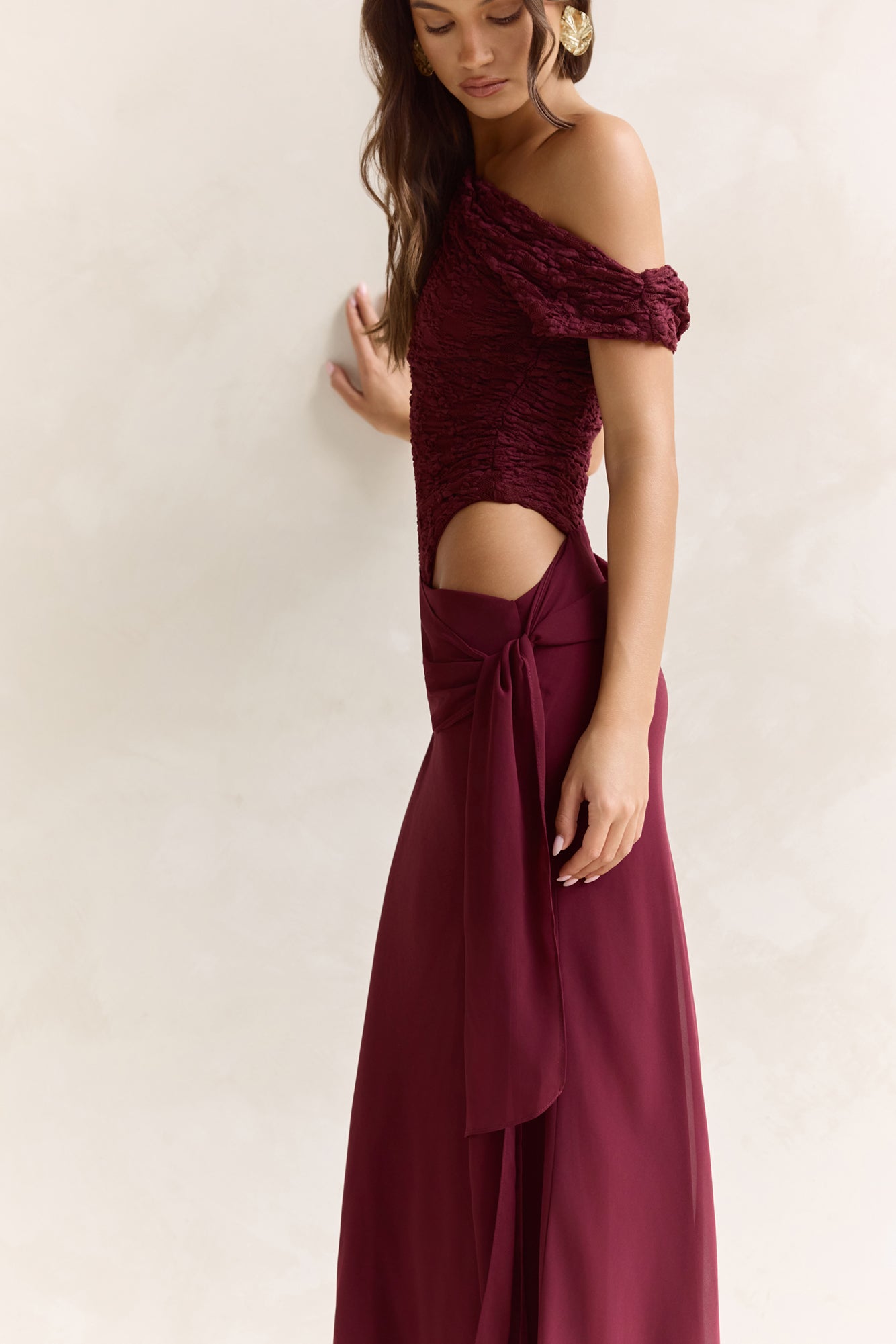 Modernity Mesh Off Shoulder Maxi Dress Burgundy