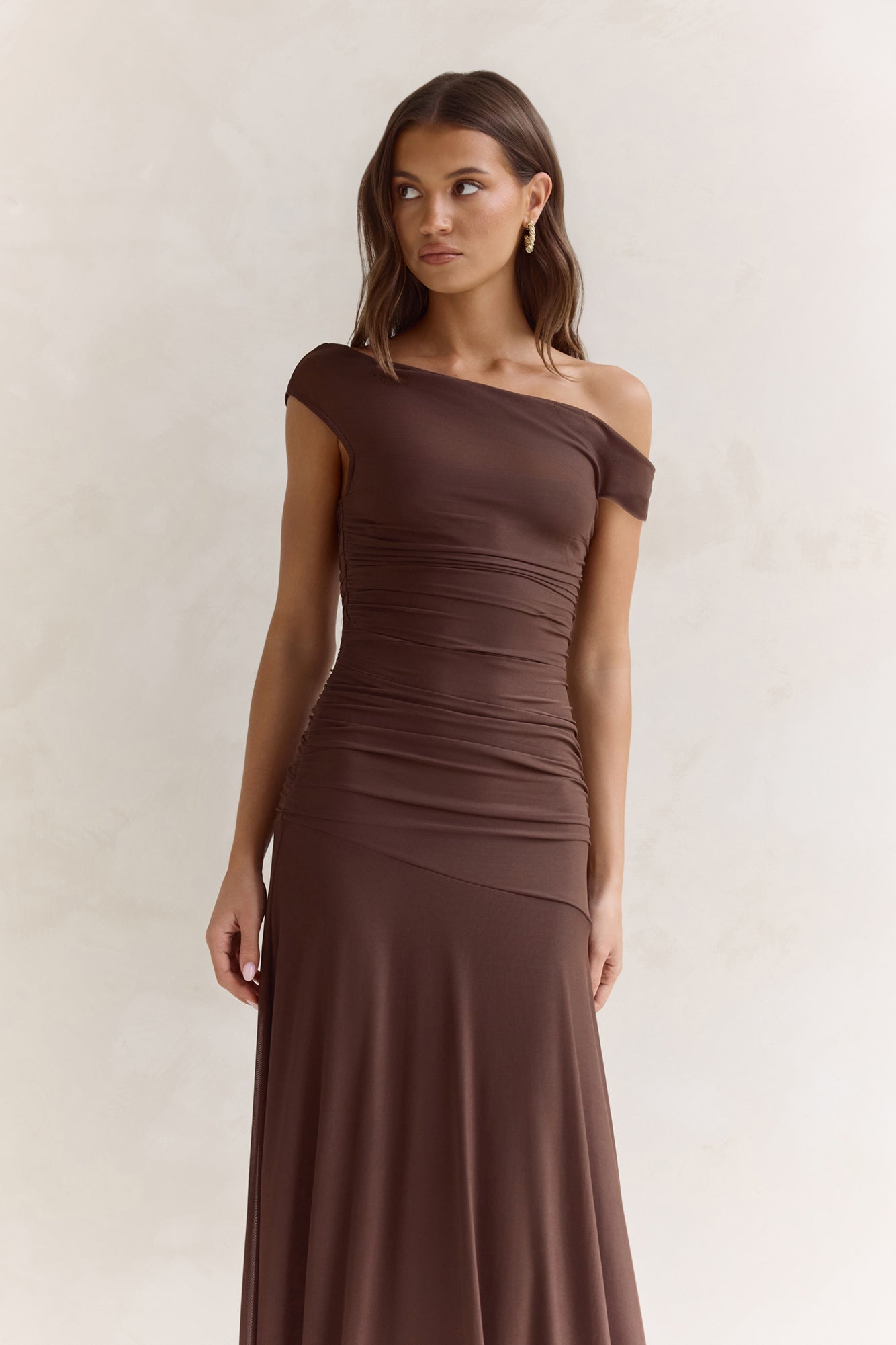 Coffee And Wine Mesh Off Shoulder Maxi Dress Brown