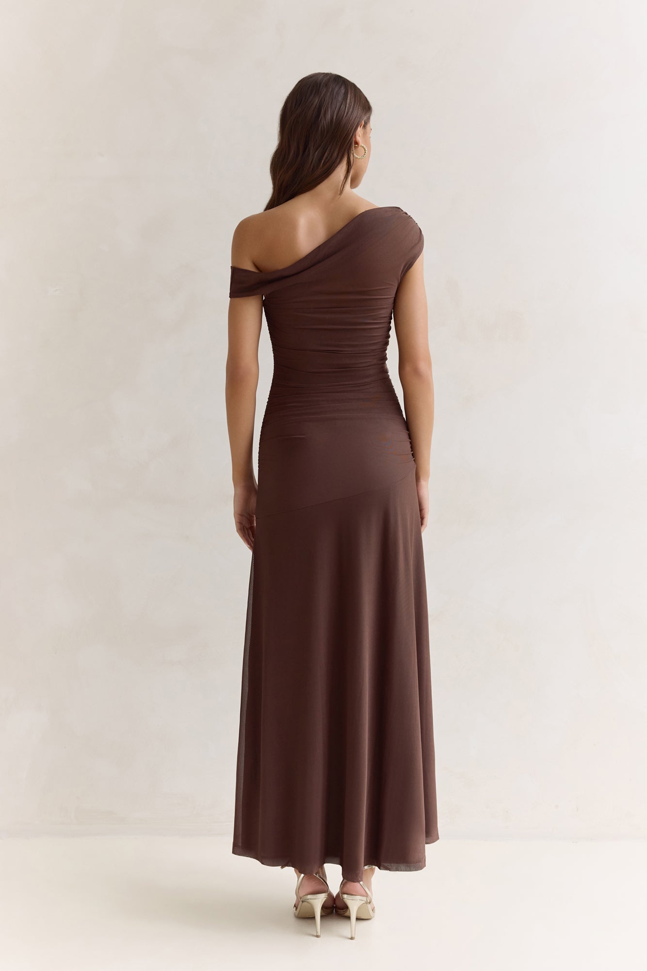 Coffee And Wine Mesh Off Shoulder Maxi Dress Brown