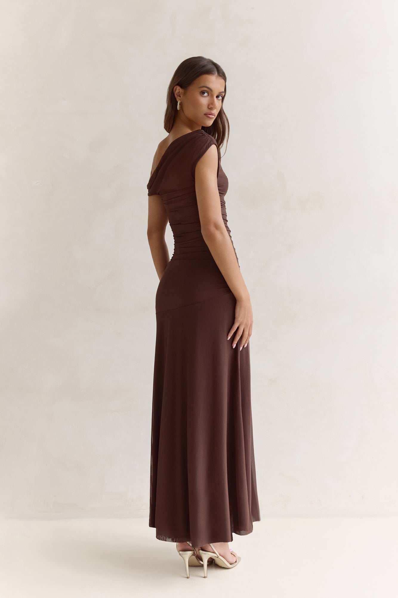Coffee And Wine Mesh Off Shoulder Maxi Dress Brown