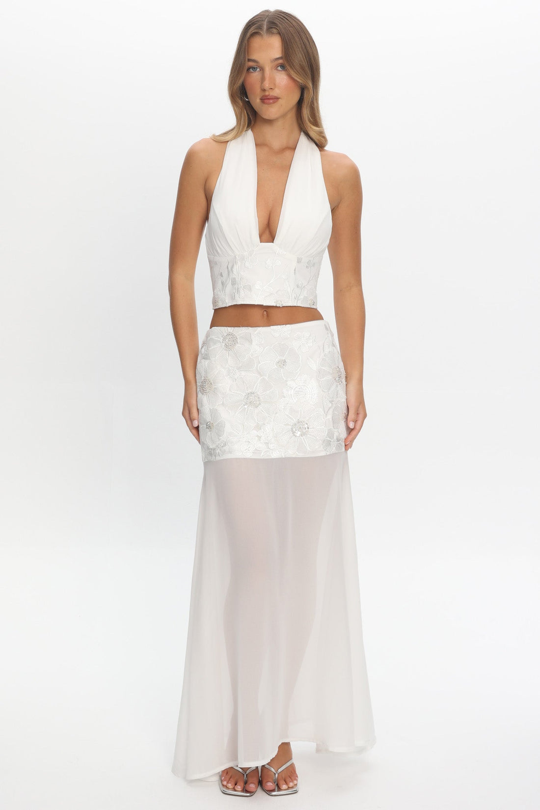 Opulent Halterneck Top Embroidered Off White