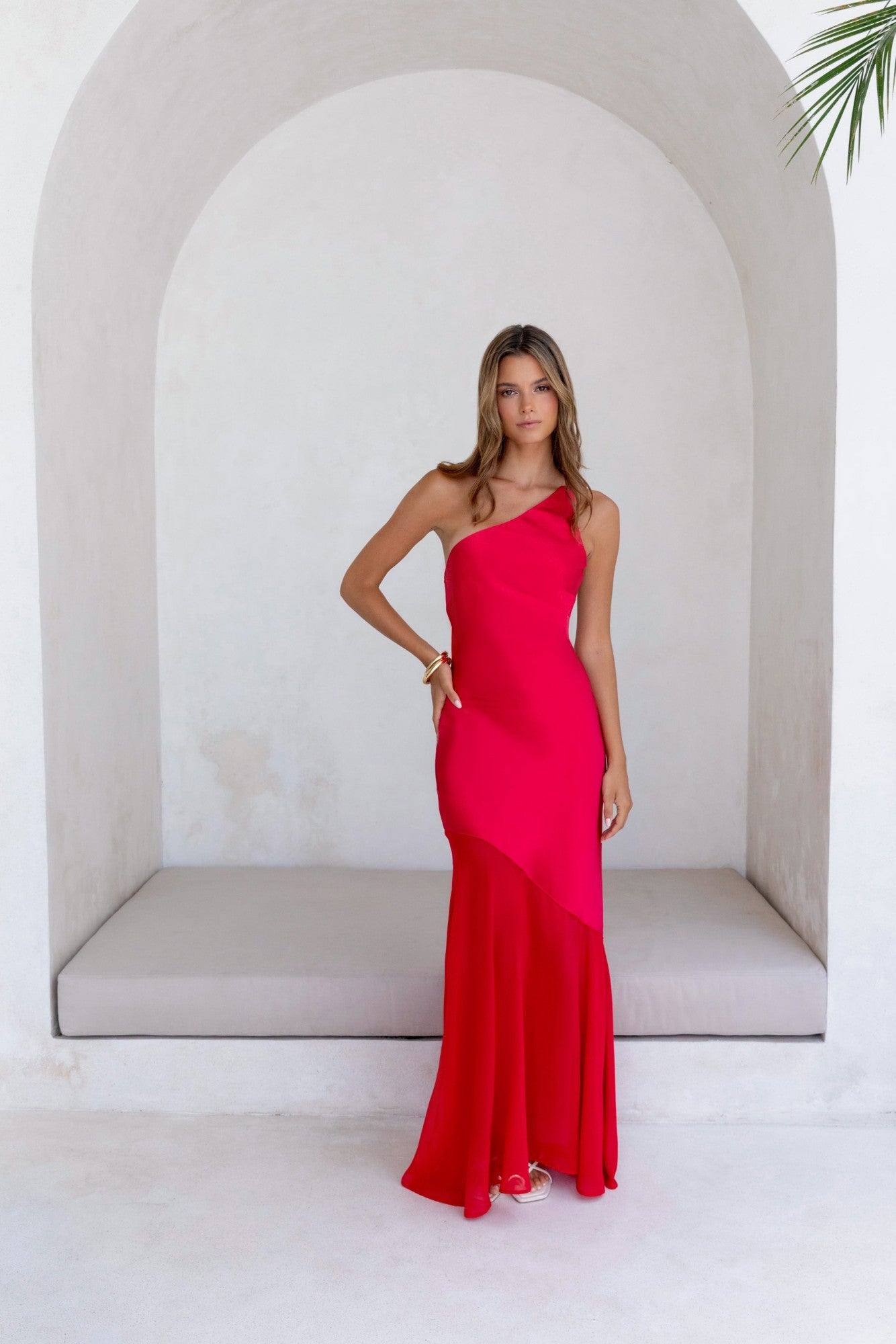 Chase The Thrill One Shoulder Satin Maxi Dress Red