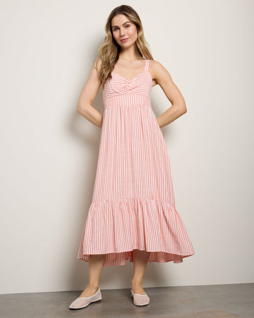 Coral/Red/White $|& Skies Are Blue Striped Sweetheart Maxi Dress - SOF Front