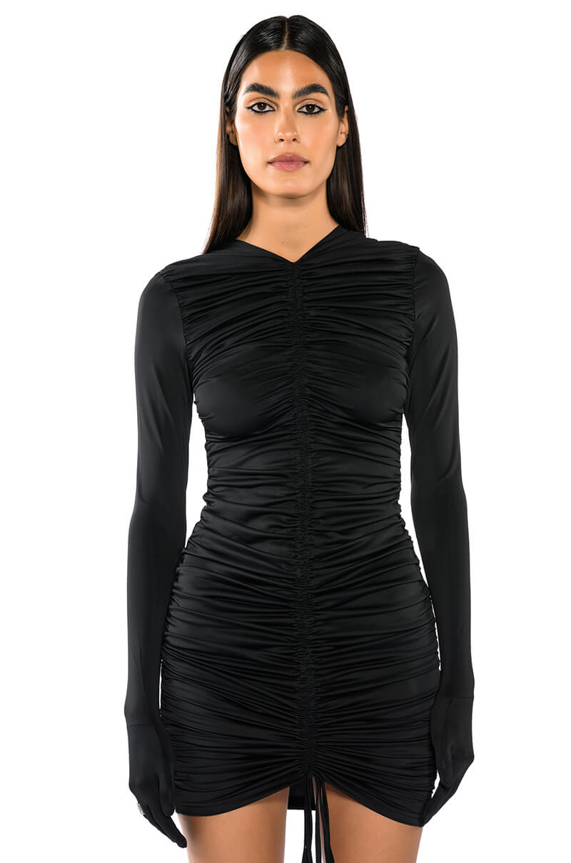 Stassie Ruched Bodycon Gloved Mini Dress