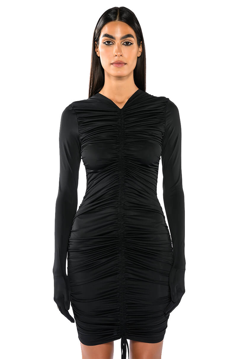 Stassie Ruched Bodycon Gloved Mini Dress
