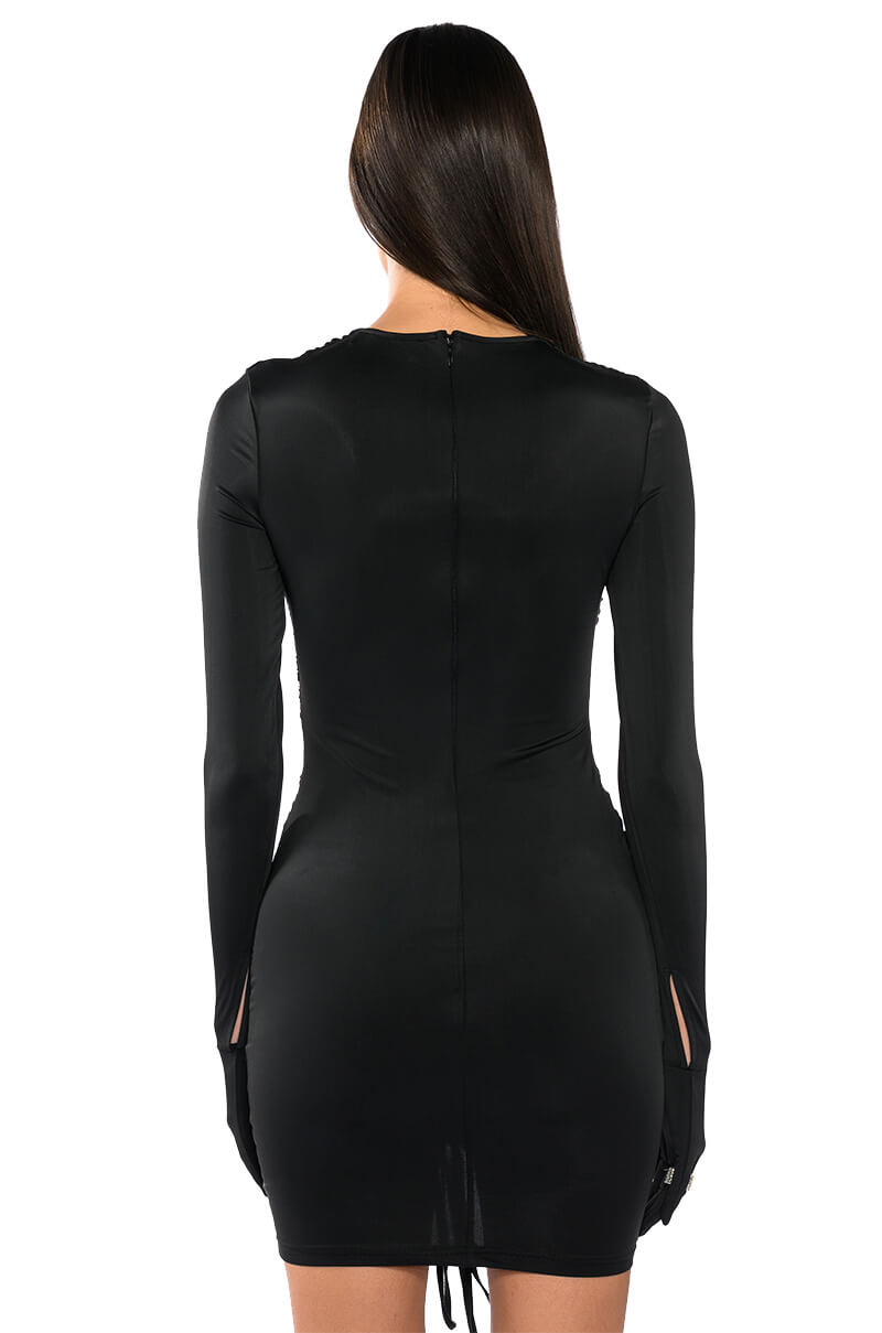 Stassie Ruched Bodycon Gloved Mini Dress