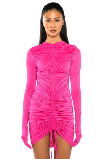Stassie Ruched Bodycon Gloved Mini Dress
