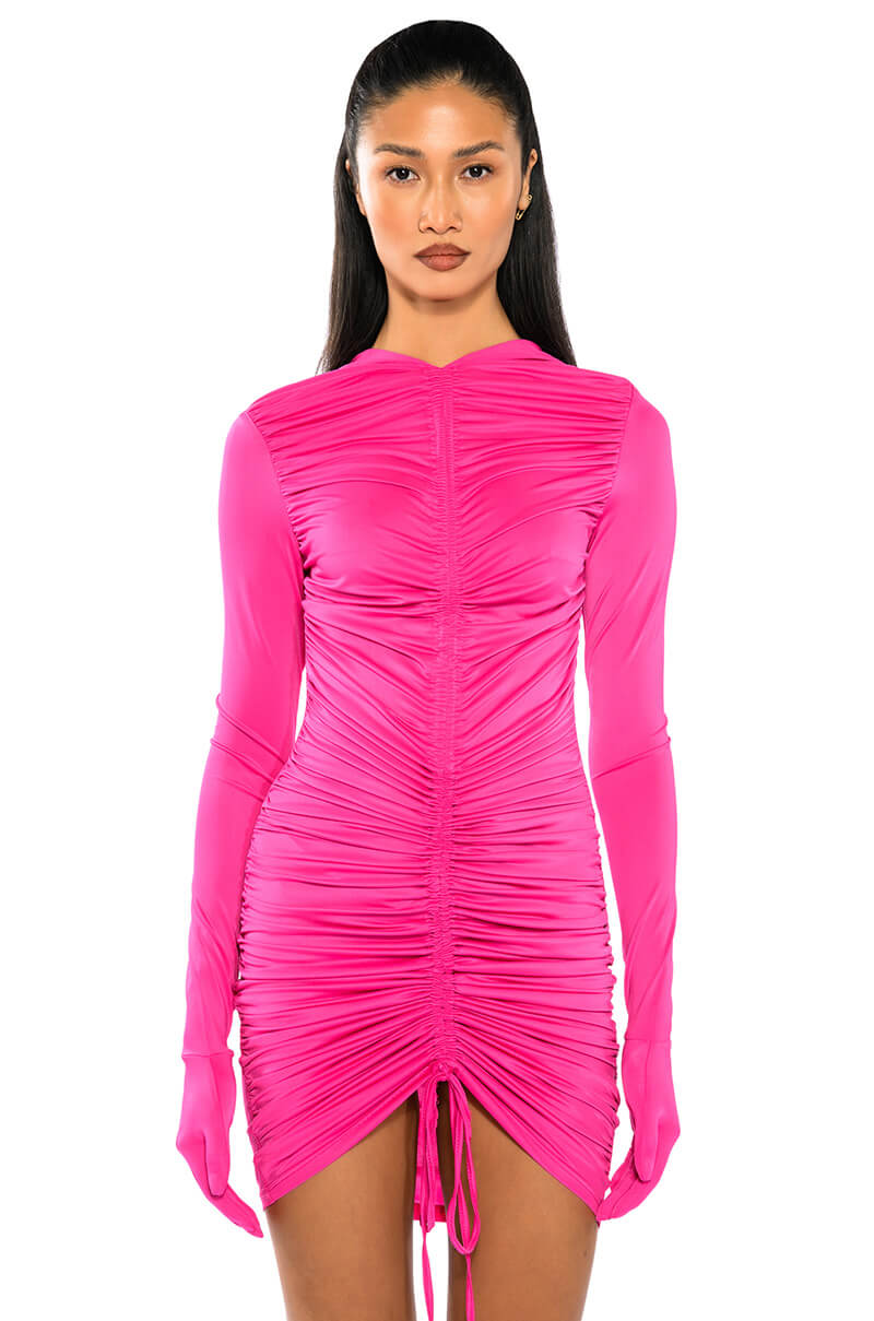 Stassie Ruched Bodycon Gloved Mini Dress