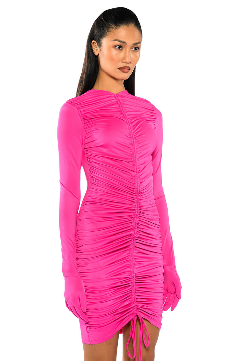 Stassie Ruched Bodycon Gloved Mini Dress