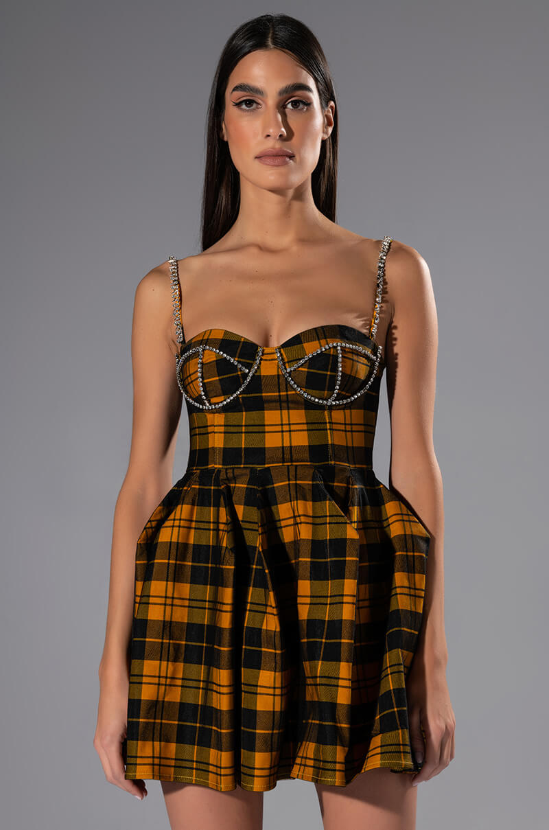 Iggy Rhinestone Detail Corset Plaid Mini Dress