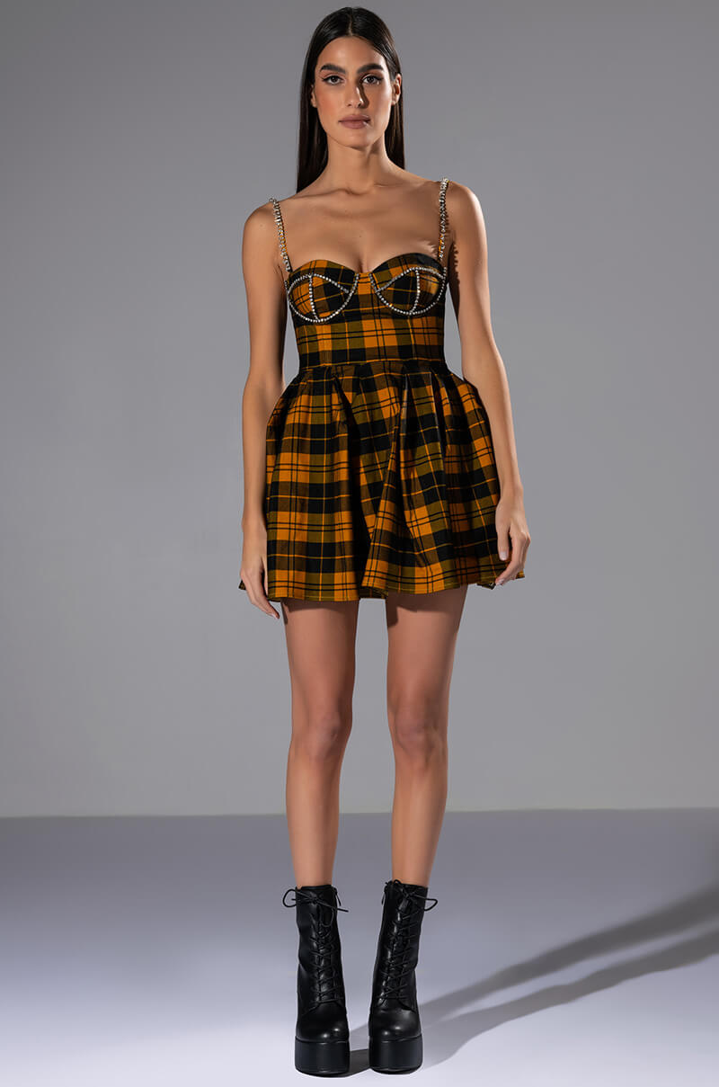 Iggy Rhinestone Detail Corset Plaid Mini Dress