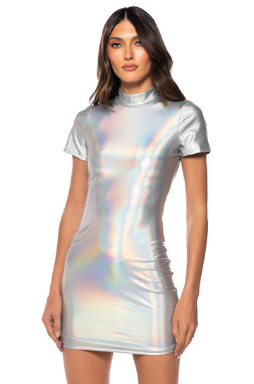 Astrid Mock Neck Short Sleeve Metallic Mini Dress