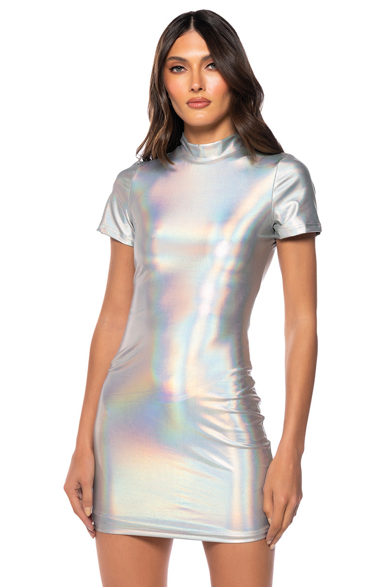Astrid Mock Neck Short Sleeve Metallic Mini Dress