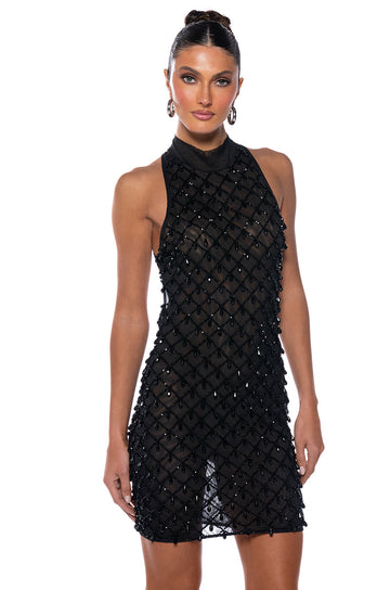 Beautiful Mistakes Mock Neck Low Back Beaded Mini Dress