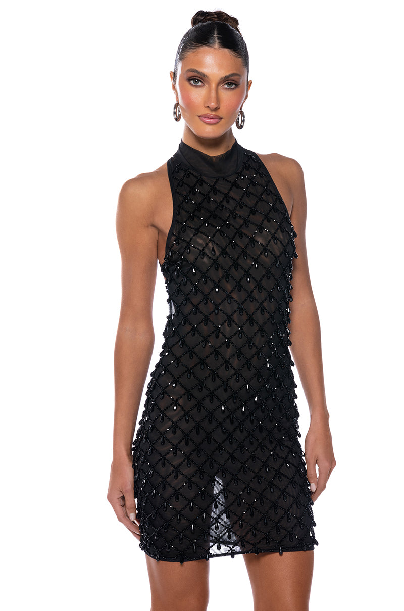 Beautiful Mistakes Mock Neck Low Back Beaded Mini Dress