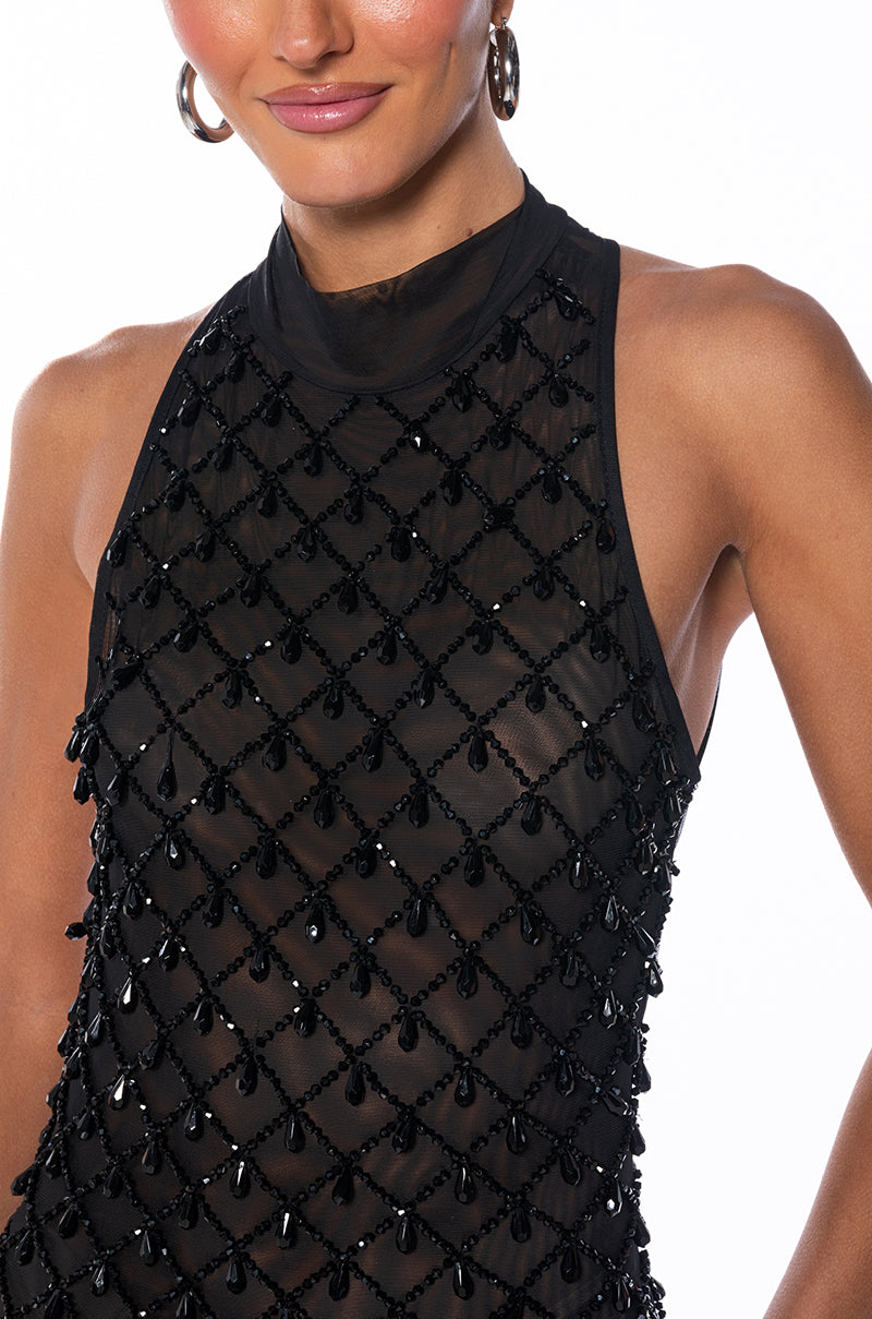 Beautiful Mistakes Mock Neck Low Back Beaded Mini Dress