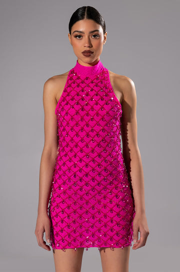Beautiful Mistakes Mock Neck Low Back Beaded Mini Dress