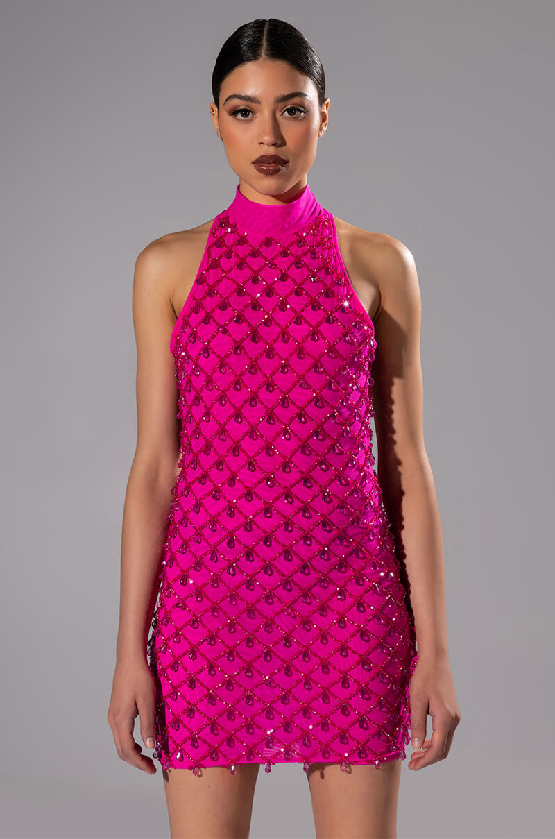 Beautiful Mistakes Mock Neck Low Back Beaded Mini Dress